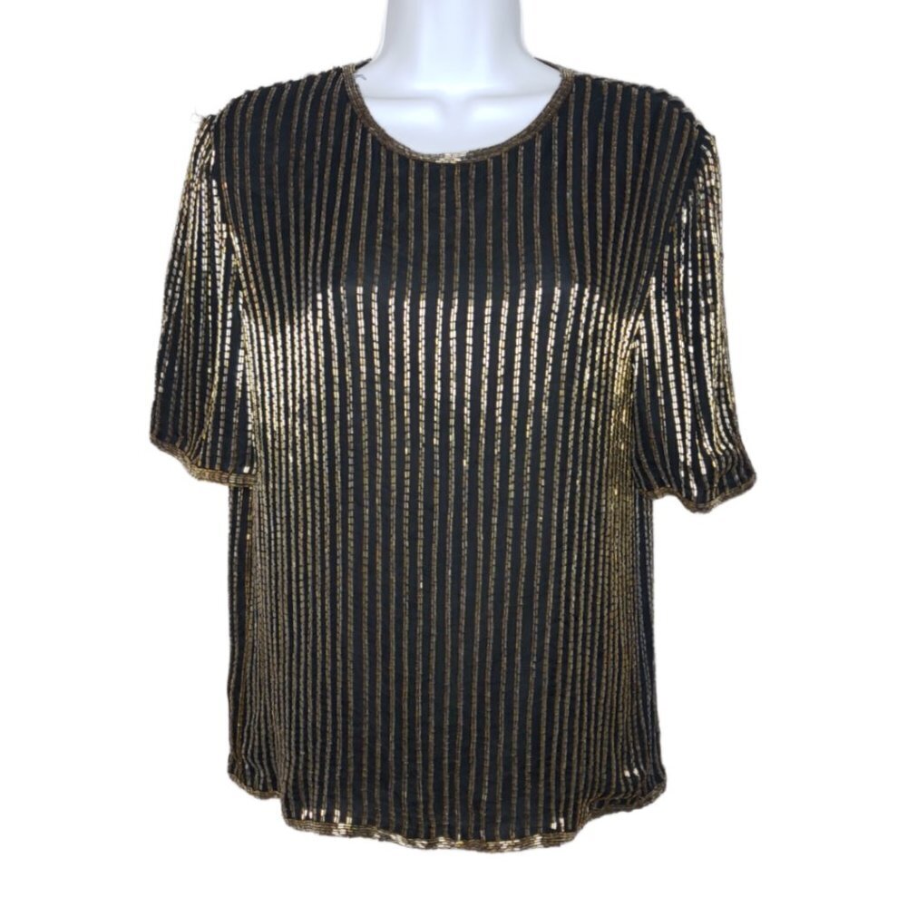 Vtg Stenay Women's Beaded Striped Short Sleeve Blouse 100% Silk Sz S (1239)